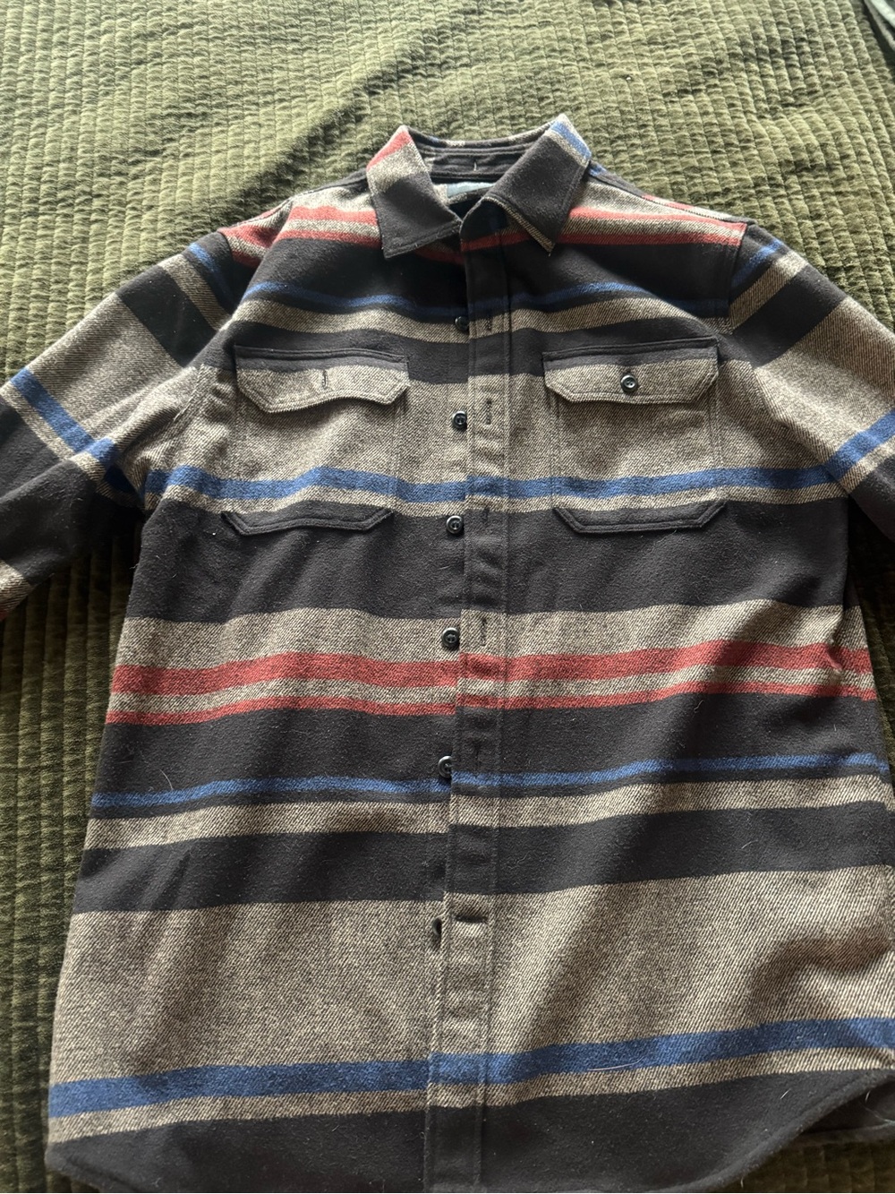 Striped Wool-Blend Button Shirt Jacket in Brown, Black, Red & Blue